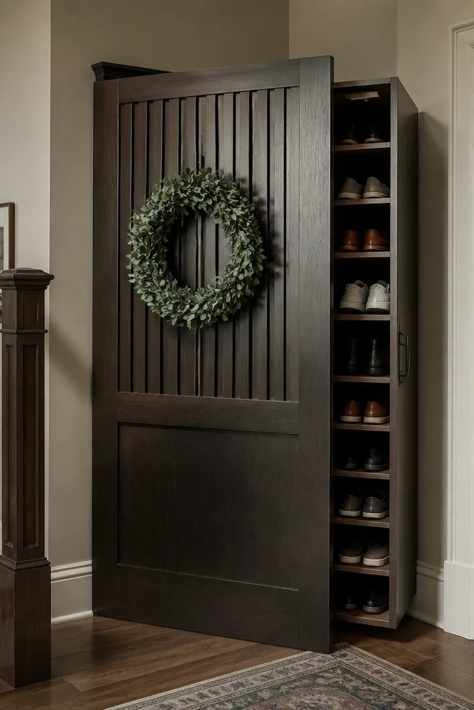 Corner screen with hidden shoe storage and a wreath near the stair landing