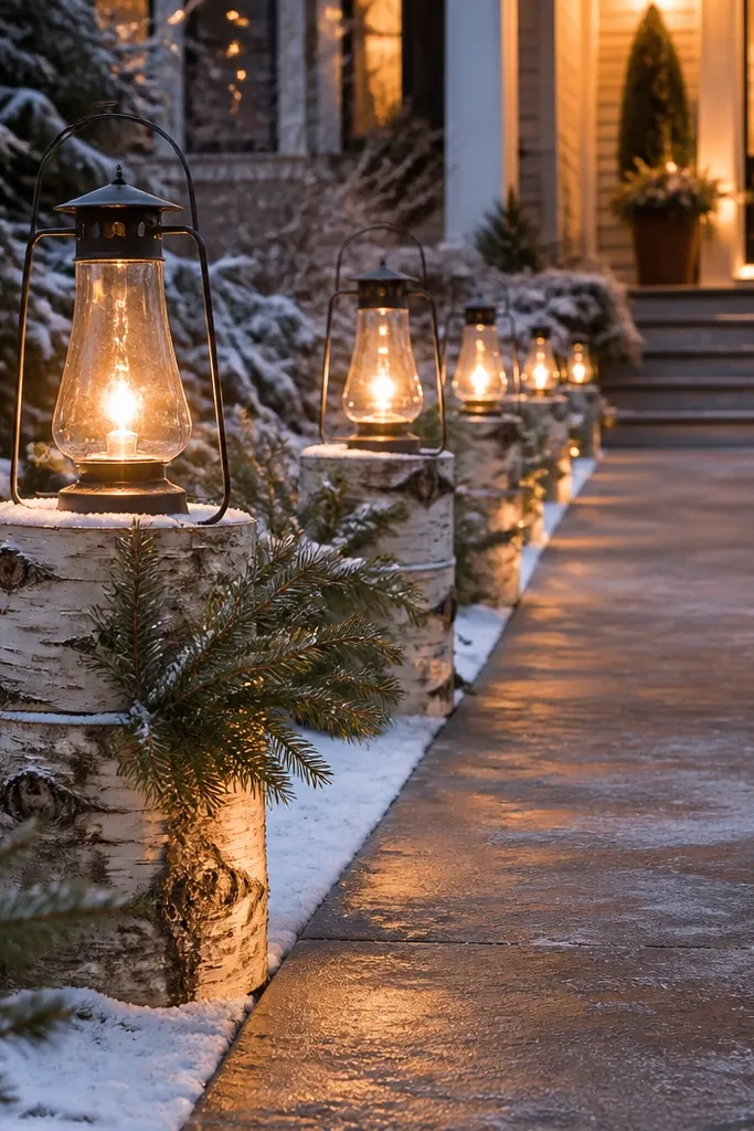 Three birch logs with warm white lantern lights along a front walkway