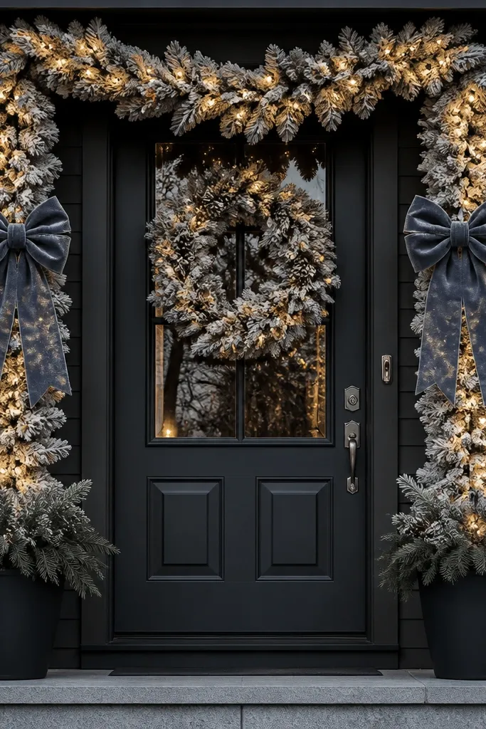 White flocked garland across the porch with two large bows and warm lights
