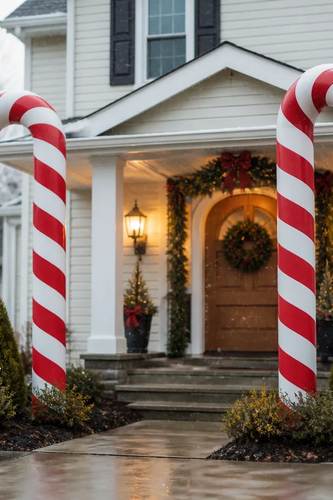 Two tall candy-cane poles on both sides of a front door with warm lights