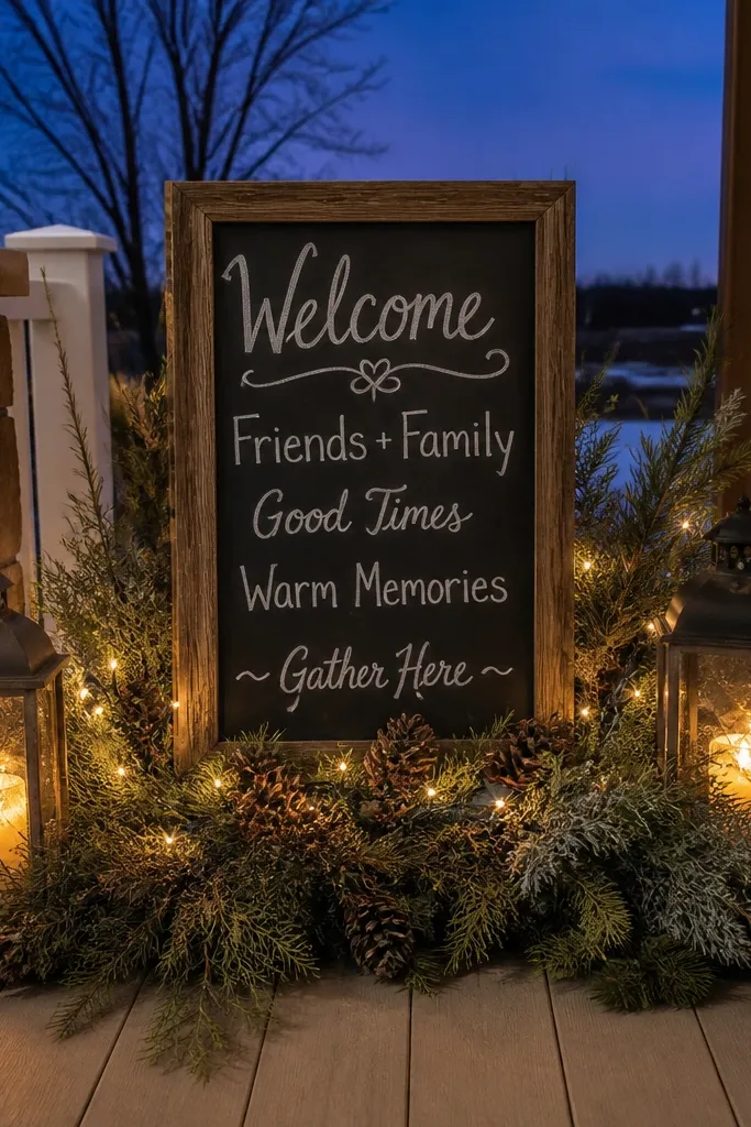 A dark welcome sign with warm lanterns and pine greenery on a porch step