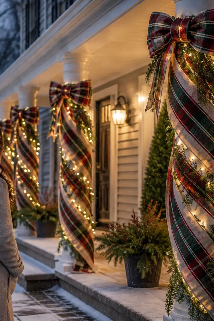 Red and green plaid bow swag draped on porch columns with white lights