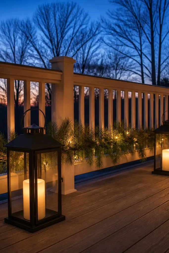 Black lanterns with frosted LED candles and pine garland on the porch railing