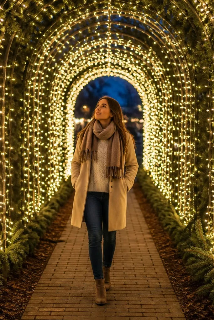 An archway wrapped in warm white lights with pine garland beneath