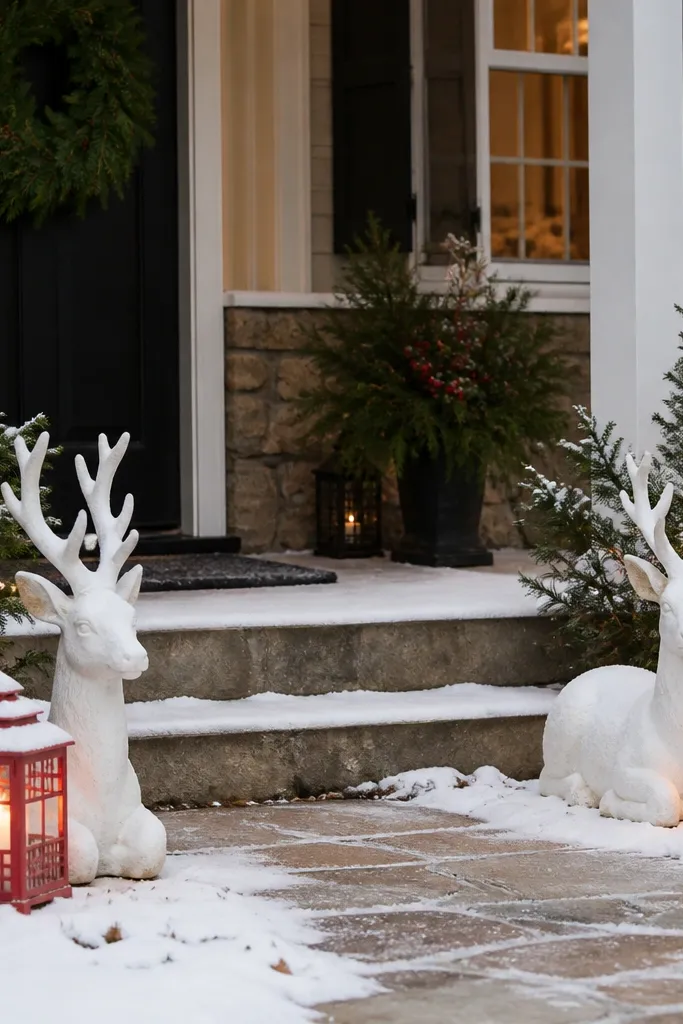 Two white snowy reindeer figures with red lanterns near a porch