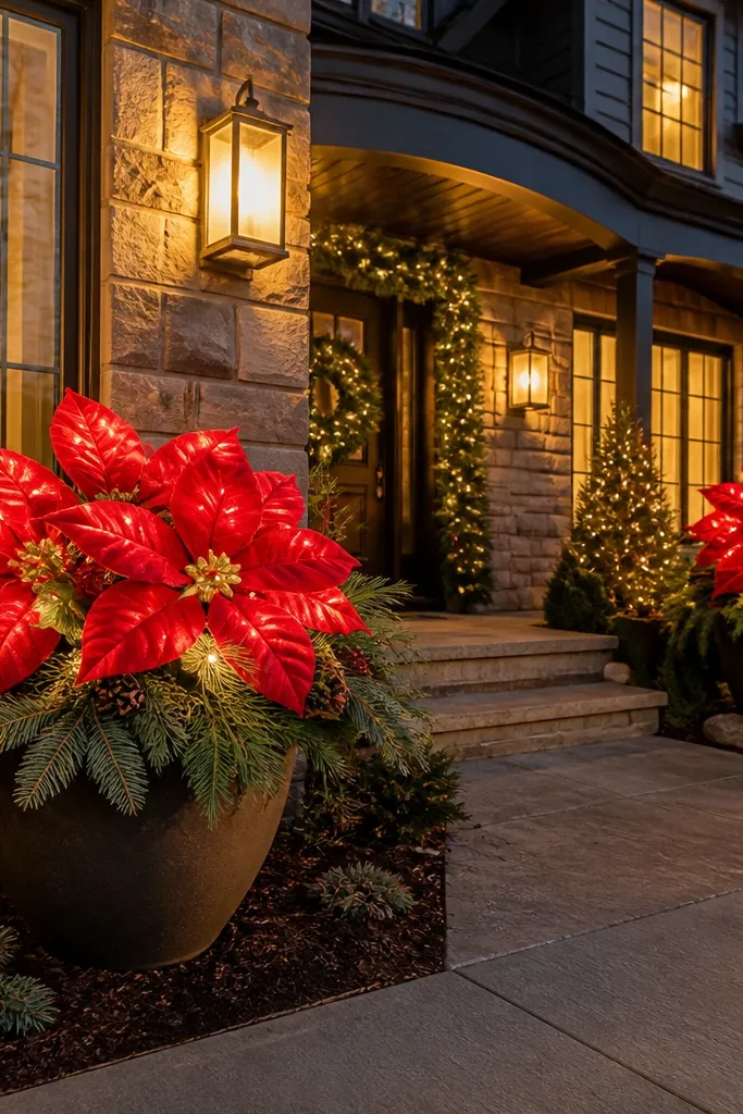 Two large LED poinsettia planters on front corners with warm white lights