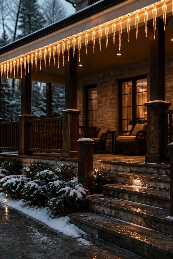 Clear icicle curtain lights hanging from porch roof with warm white glow