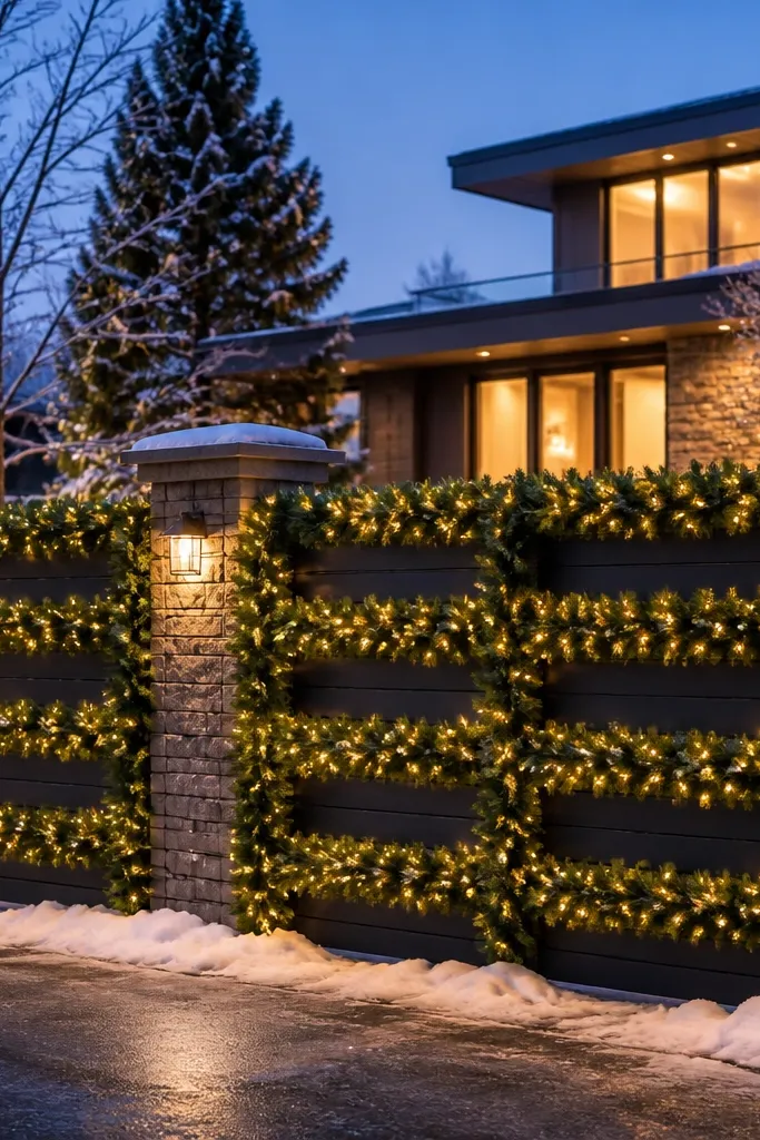 Evergreen garland arranged like a ladder on a front fence with warm lights