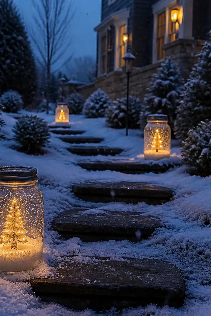 Mason jar style lanterns with snow globe effect on stepping-stones