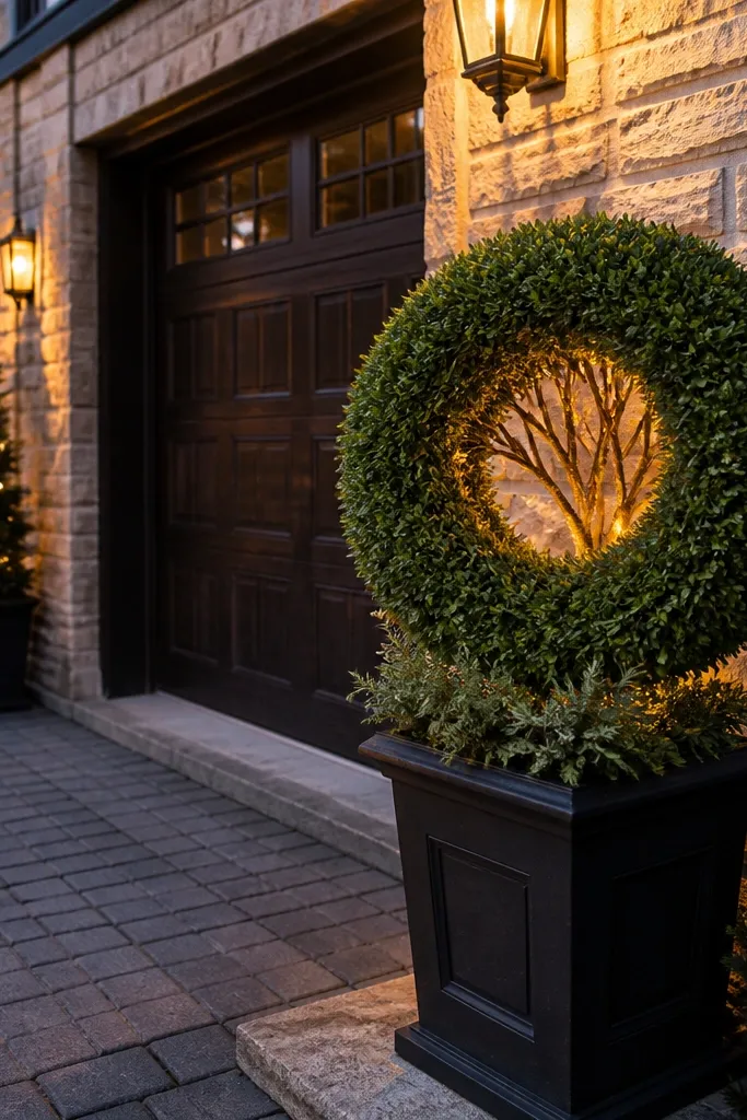 A small lit wreath topiary form with evergreen and warm white lights