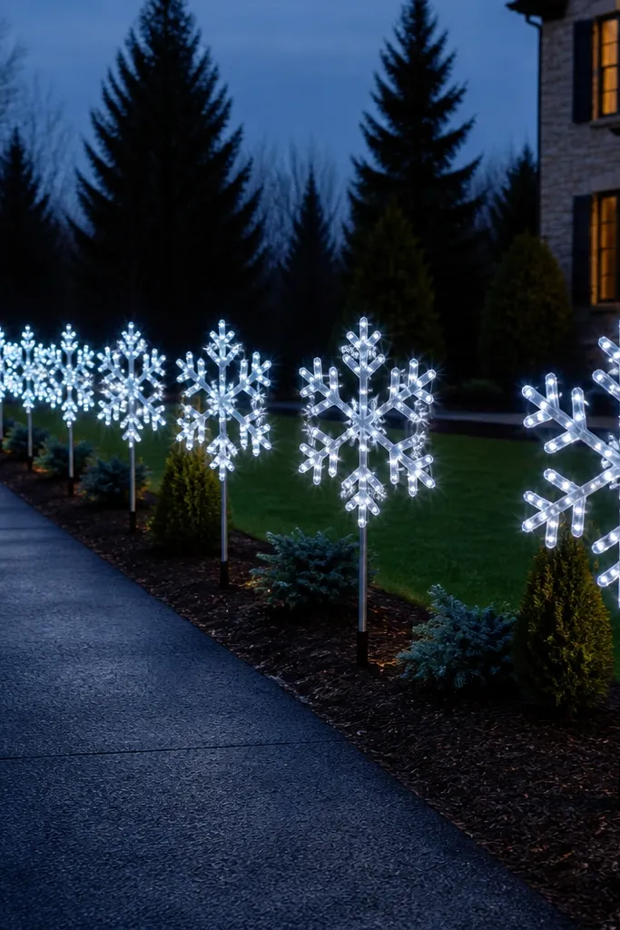 Three tall illuminated snowflake stakes lined up along a front yard edge