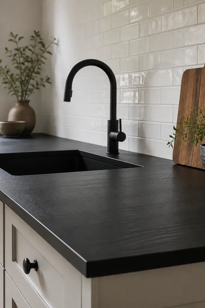 A kitchen counter with an ink-dark black butcher block surface, matte finish, and a small eased edge. The backsplash is light subway tile, and the faucet is matte black.