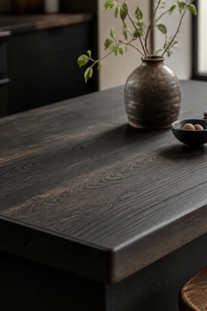 Black butcher block with a smoky, slightly brown undertone. The oak grain is visible with darker lines, and the countertop edge is thicker and slightly rounded.