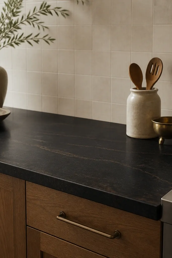A dark countertop that looks black but reveals brown streaks in the grain. The backsplash is warm cream tile, and the cabinet hardware is brushed bronze.