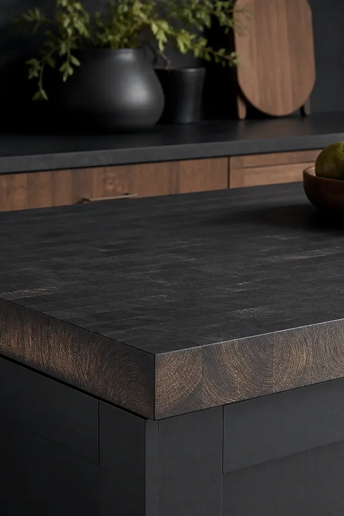 A countertop where the main surface is charcoal black, but the end-grain and some edge areas look slightly lighter, showing natural wood tone.