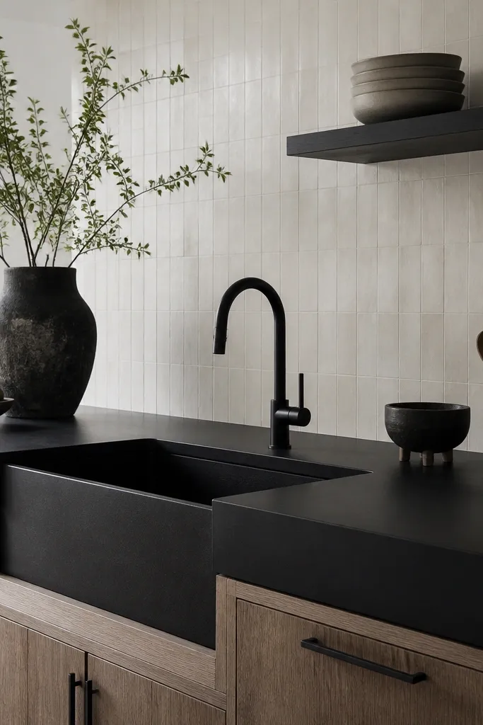A bold, chunky countertop in matte black with a thick visual profile. The sink is an undermount farmhouse style, and the backsplash is light and minimal.