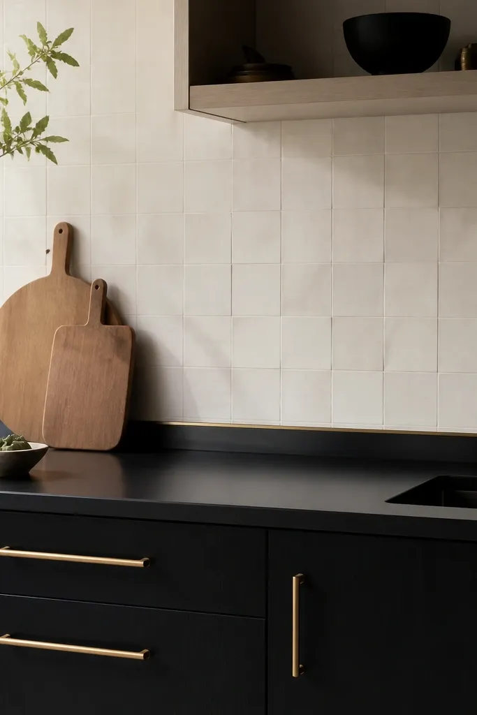 A black countertop with a thin brass strip detail along the backsplash line. The cabinet pulls are brass, and the backsplash is off-white.