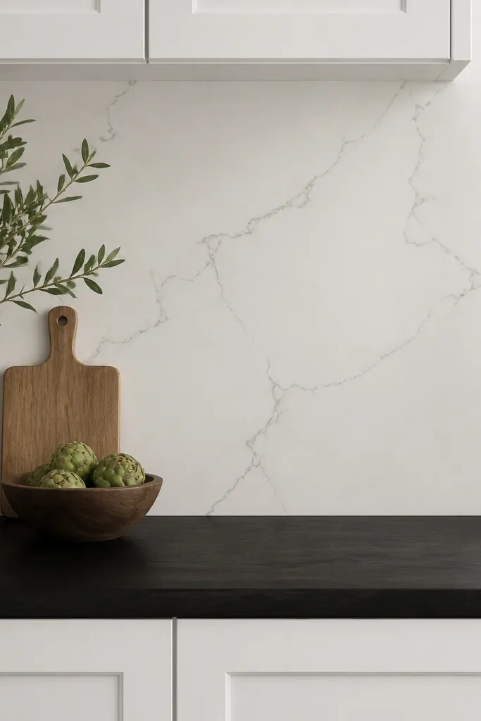 Black butcher block counter paired with a white quartz backsplash surface. The backsplash has subtle gray veining, and the cabinets are white.
