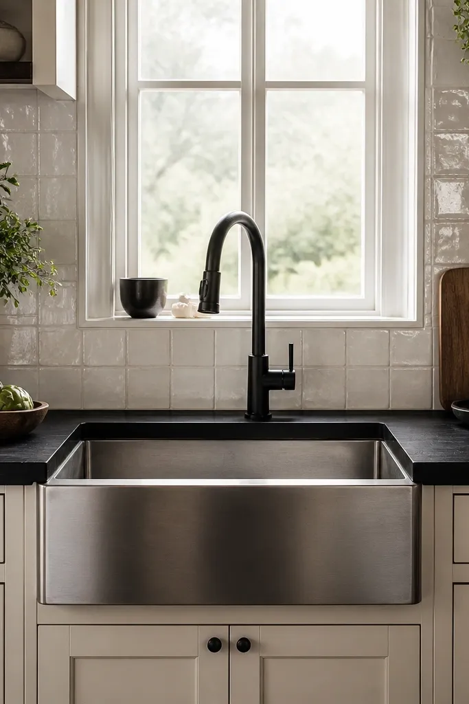 A black butcher block counter surrounding a stainless farmhouse sink with a black faucet. The backsplash is cream tile.