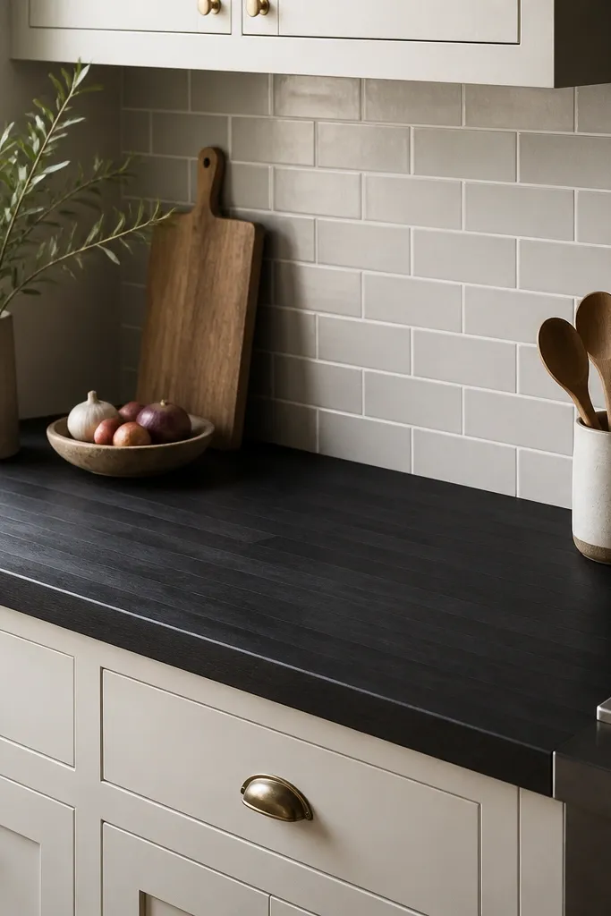 A black butcher block countertop with a subway tile backsplash. The grout lines are light gray, and the cabinets are off-white.