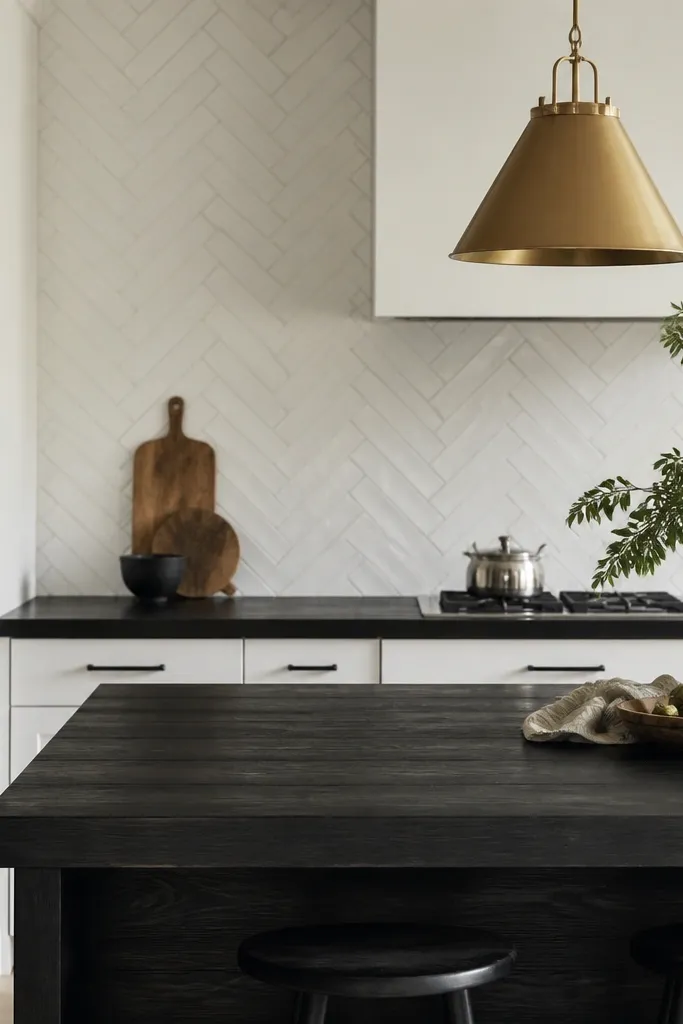 Black butcher block counter in front of a white ceramic herringbone backsplash. The cabinet hardware is black, and there's a brass pendant above the island.