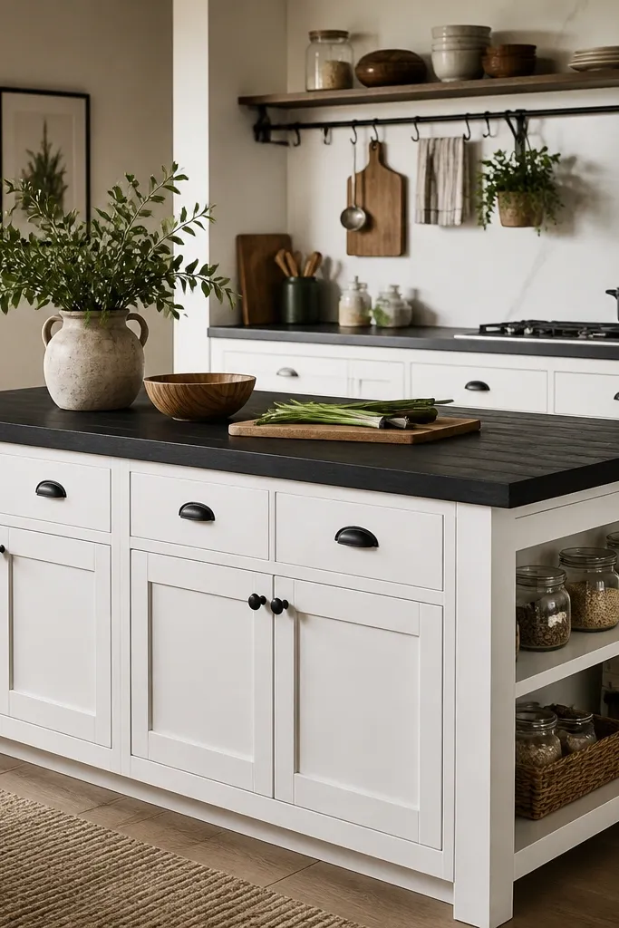 A kitchen island with black butcher block and white shaker cabinets. There's a black rail under a shelf, and small jars sit on open shelving.