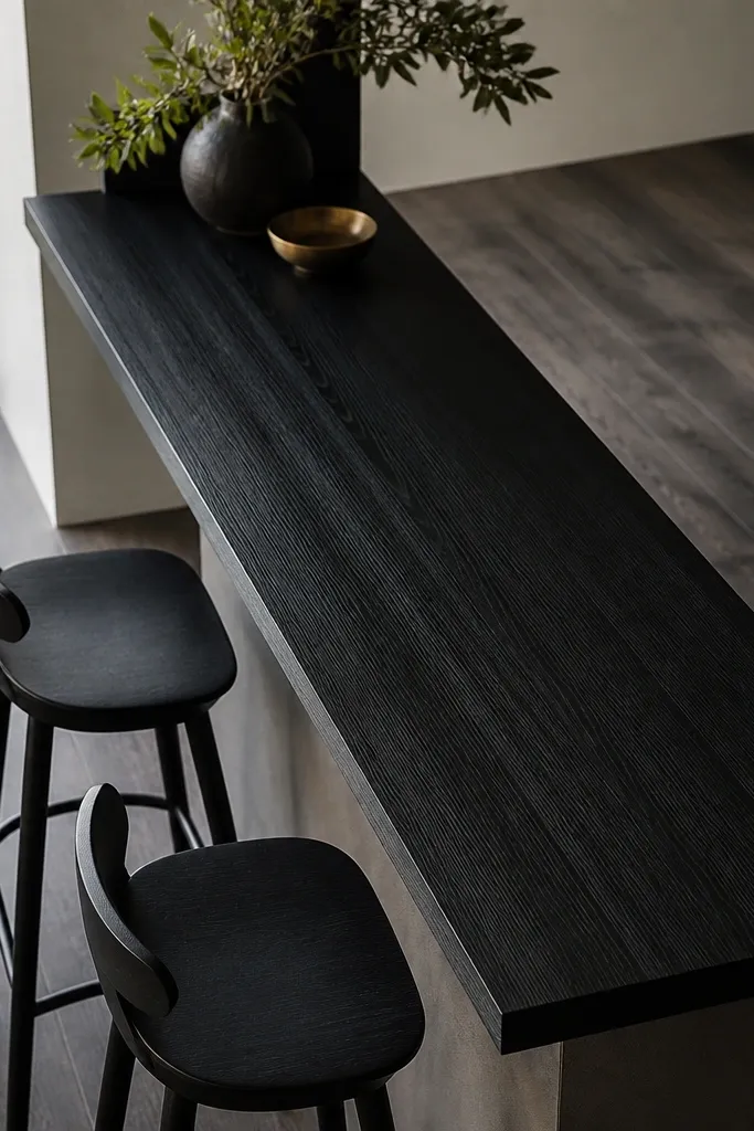 A narrow black butcher block bar top with a vertical grain pattern. The bar has two black stools and a dark wood floor.