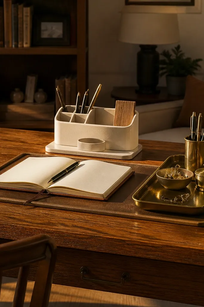 Warm oak study table with brass tray and cream ceramic organizer