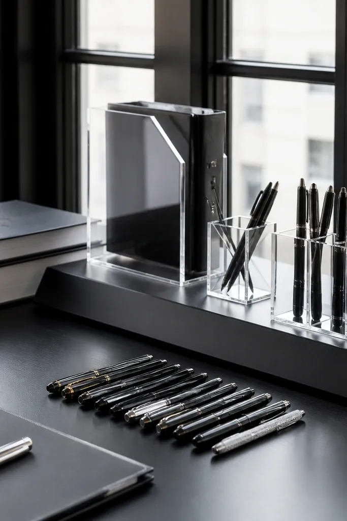 Matte black study desk with clear acrylic organizer and minimal decor