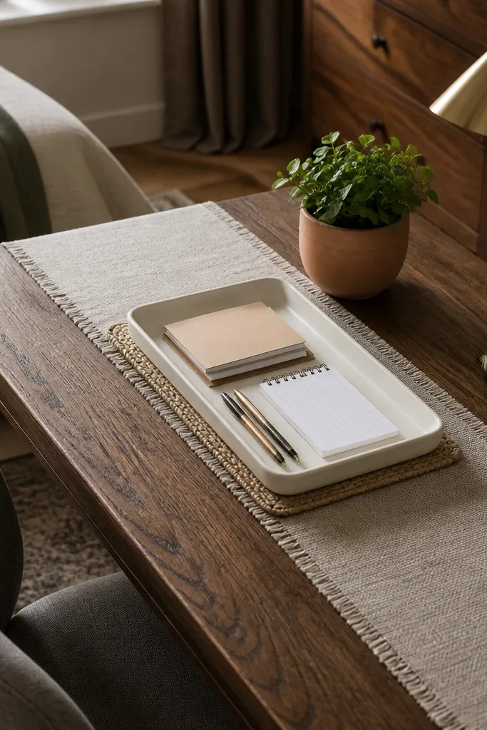 Off-white tray on study table with terracotta planter and linen textures