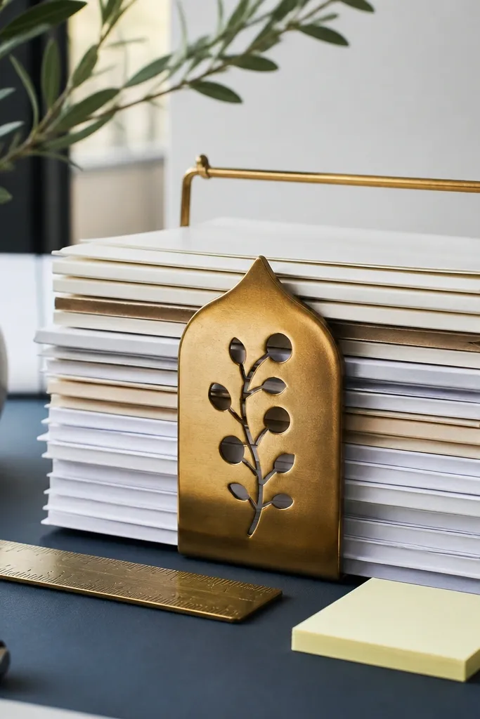 Blue-gray study table with layered paper stack and brass bookmark holder