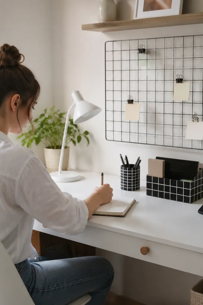 White desk with black grid accessories and a simple lamp