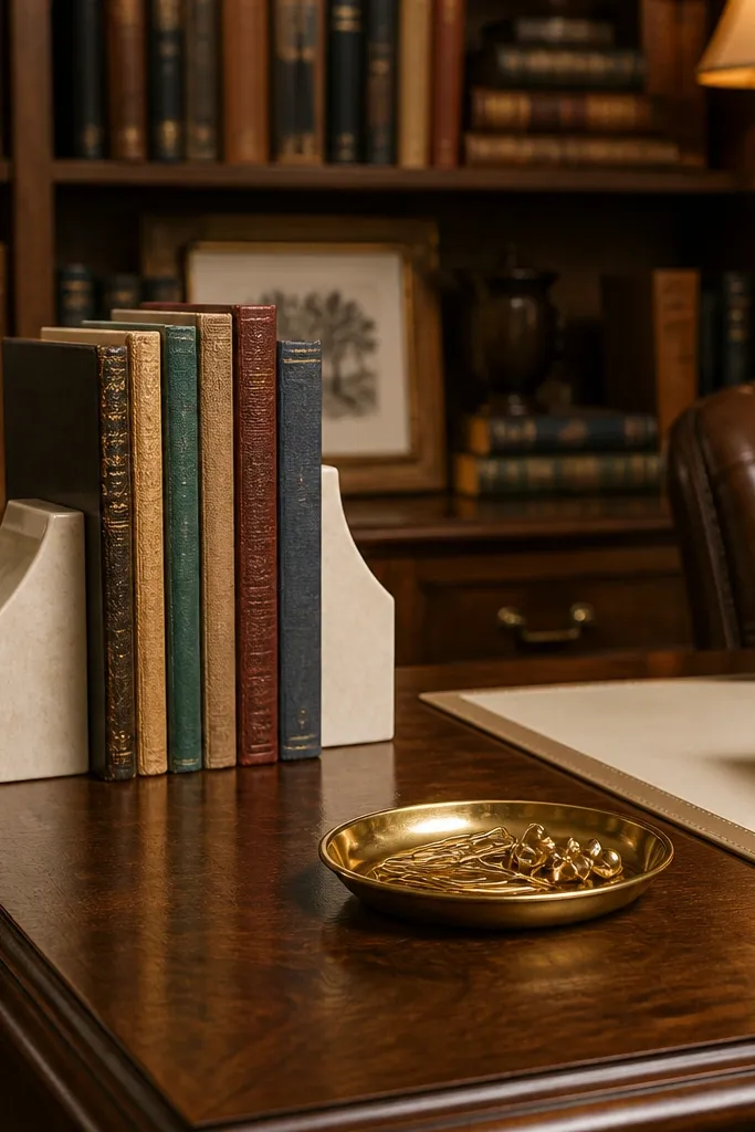Chocolate brown desk with cream bookends and a gold tray