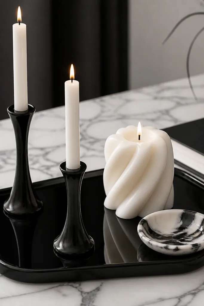White marble-style desk with black tray and monochrome candle holders