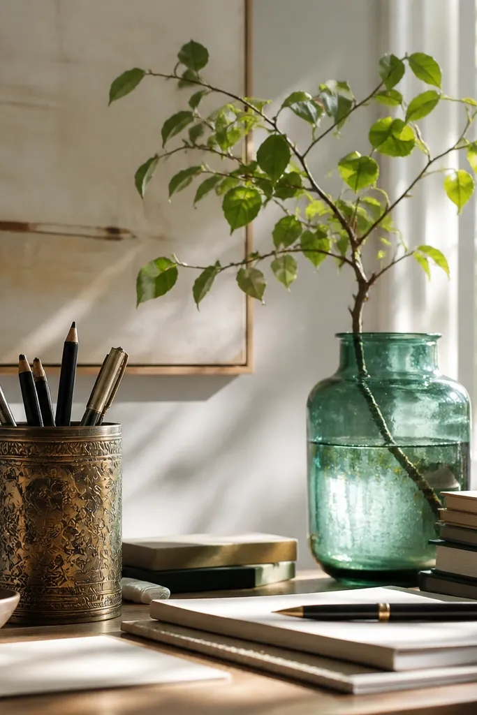 Green accent desk with brass pencil cup and jade glass vase
