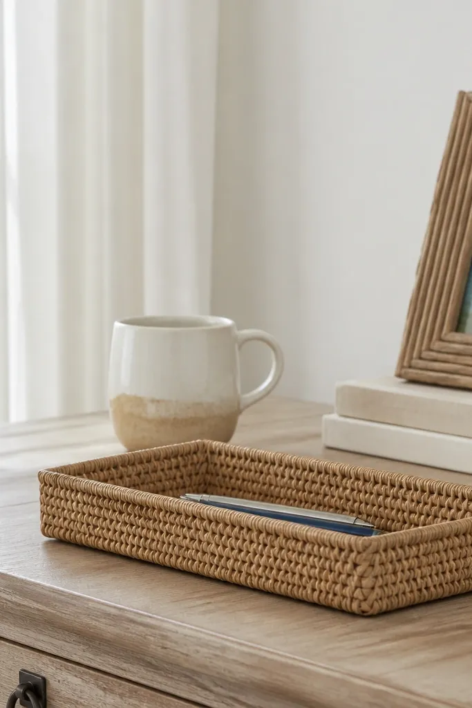 Rattan pen tray and ceramic mug on a coastal-style study table