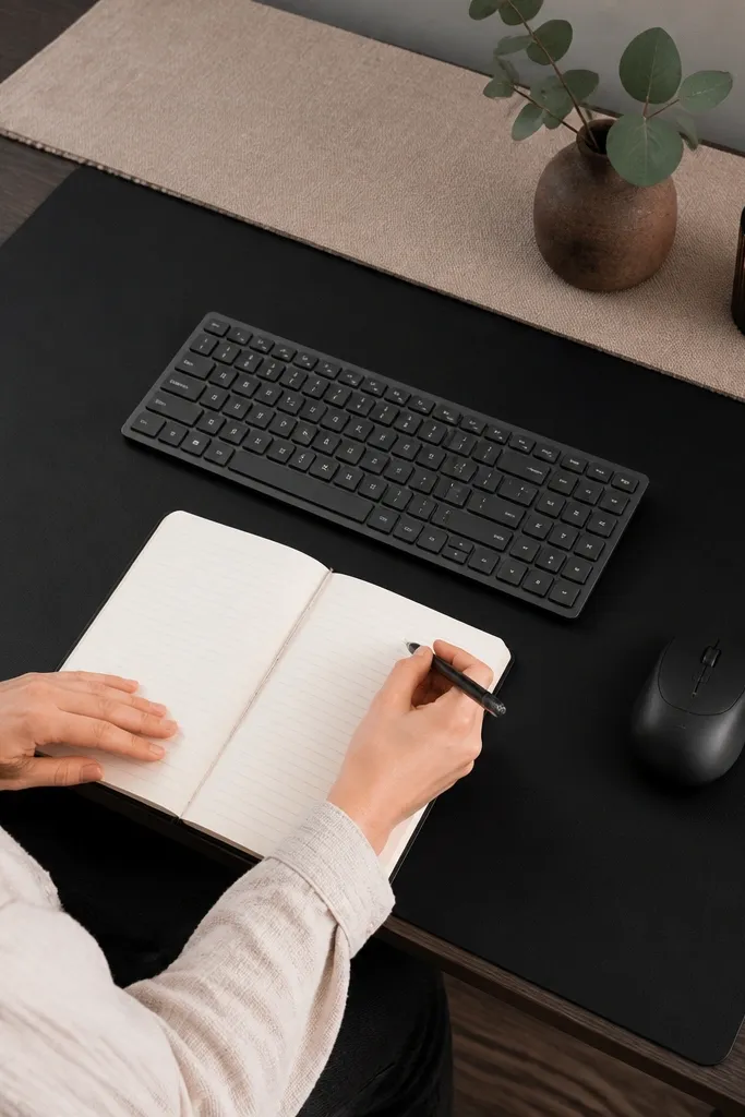 Taupe runner and black desk mat on a study table with a slim lamp
