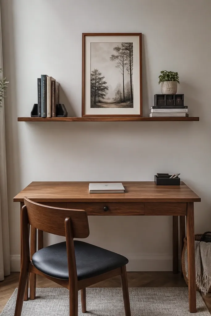 Study table with floating shelf above and styled objects below