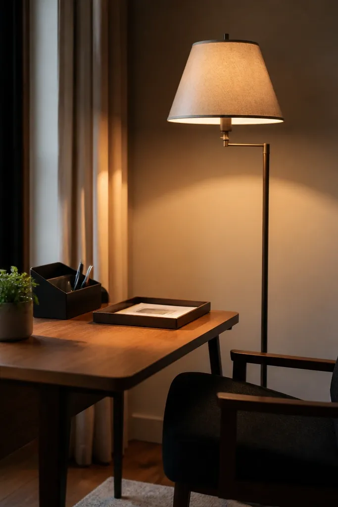 Desk with floor lamp shade angled to illuminate the tabletop