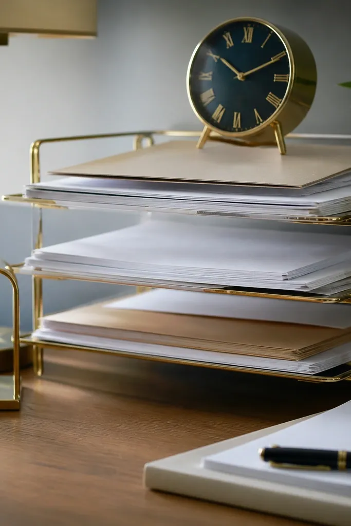 Study table with gold clock and stackable tray for papers