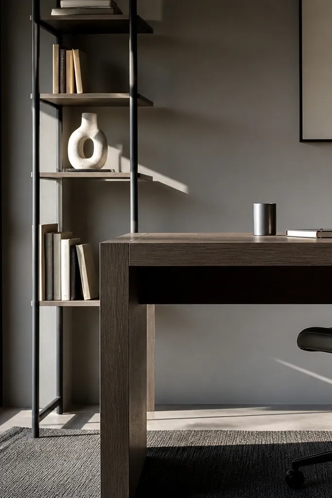 Minimal study table with lean shelf and only a few styled objects