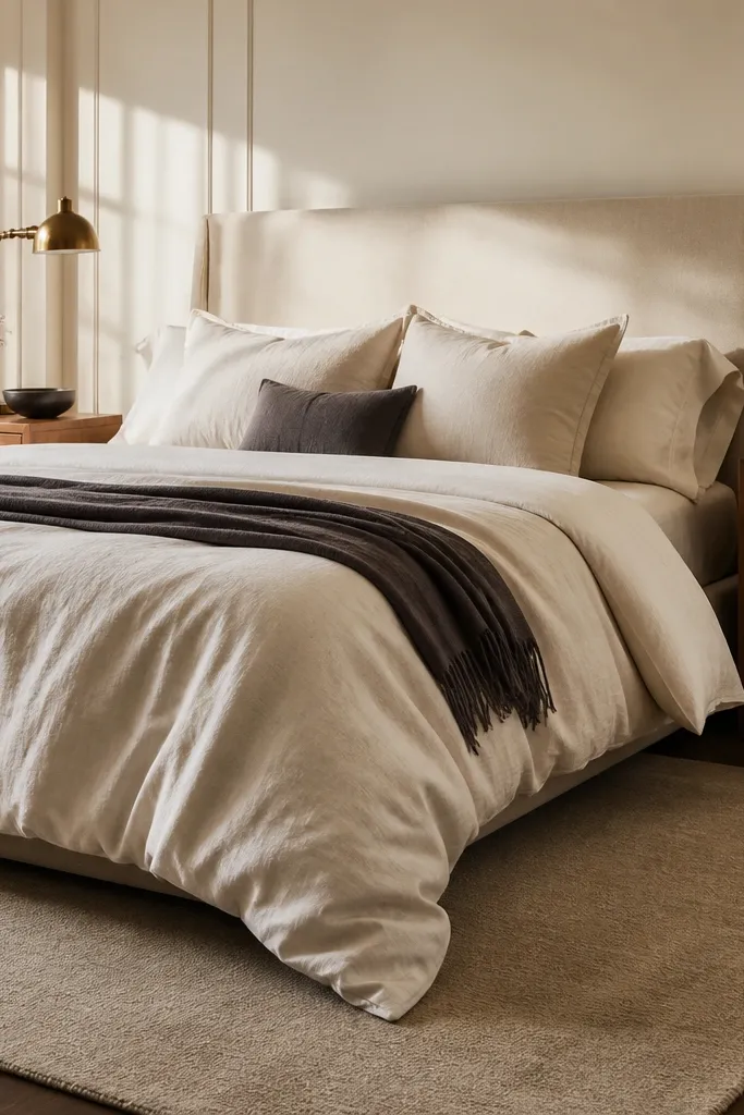Cream bed with simple headboard, walnut nightstands, beige rug, warm lamp glow