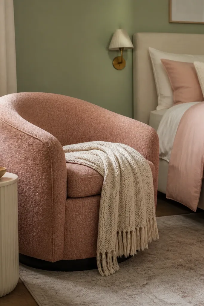 Sage walls, blush bedding, curved chair by window, small side table, soft lamp
