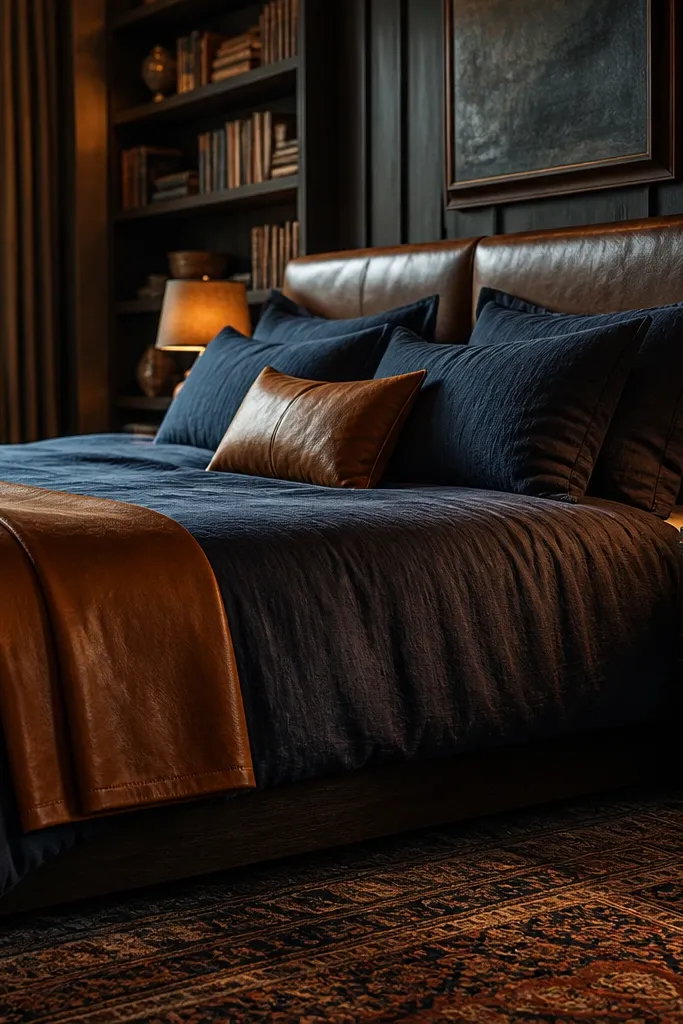 Dark denim quilt, cognac leather chair, black metal shelf, warm amber bedside lamps
