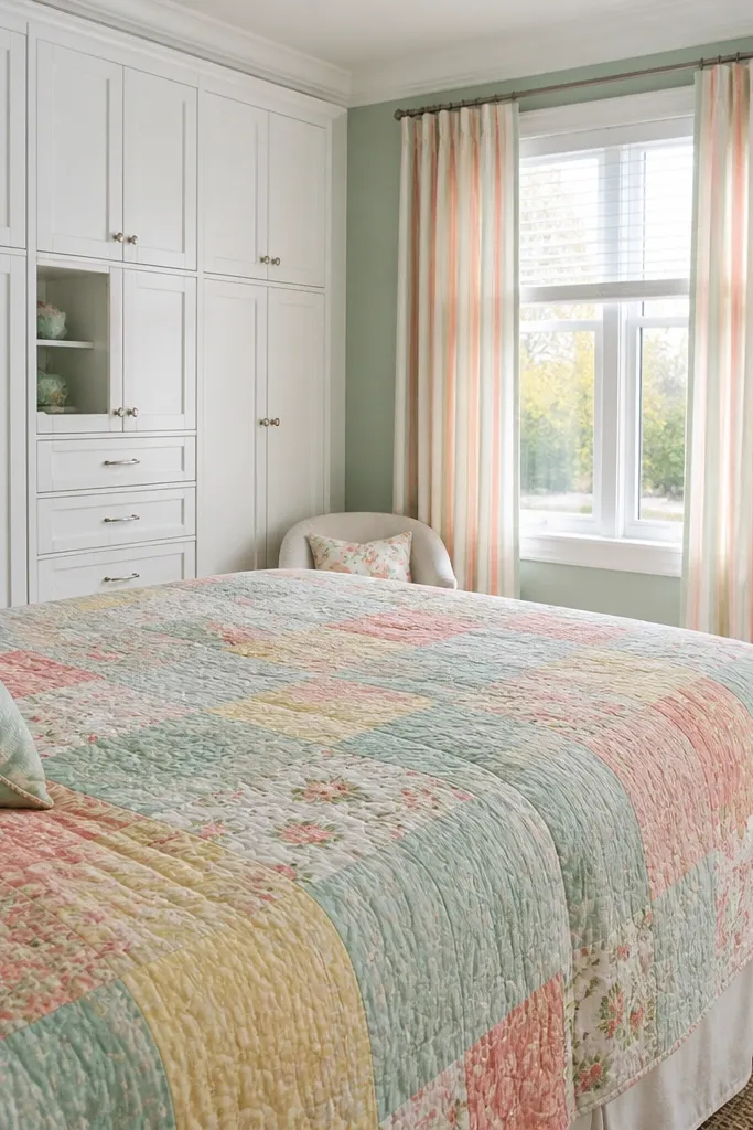Pastel quilt bed, white storage cabinets, striped curtain, two small lamps