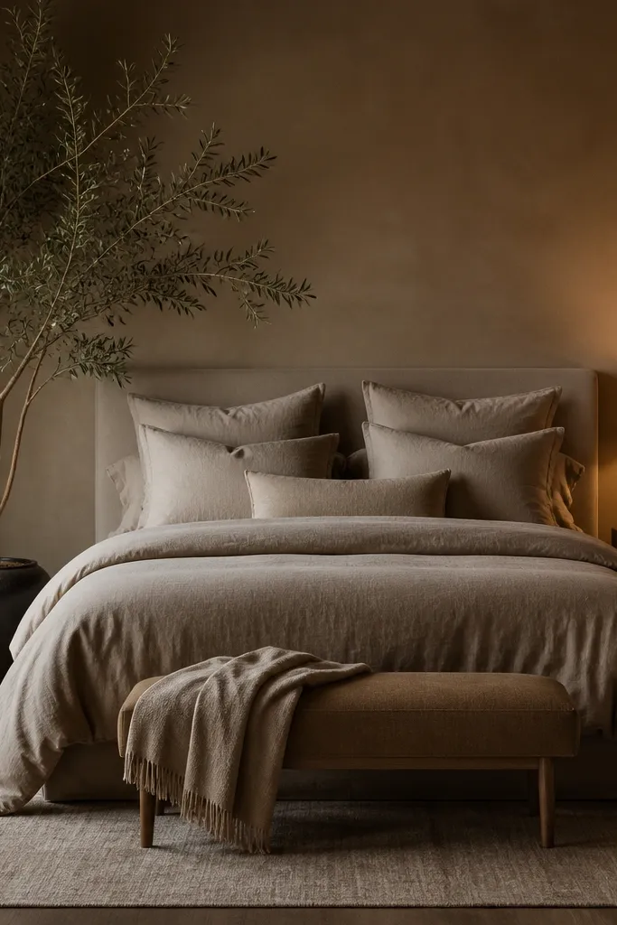 Taupe bed, neutral rug, tall leafy plant in corner, sculptural lamp, cream curtains
