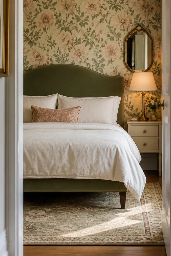 Floral wallpaper panel behind bed, white bedding, small gold lamp, patterned curtain