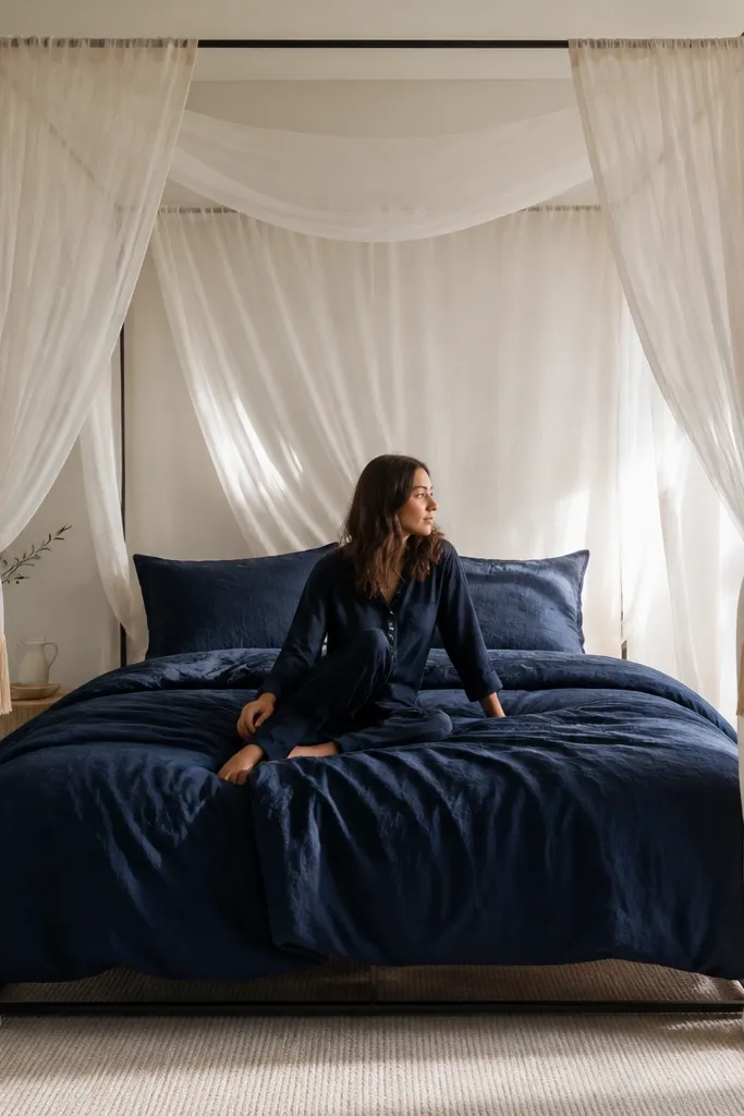 Navy bed, white canopy curtains, sheer fabric layer, bedside lamps, light rug