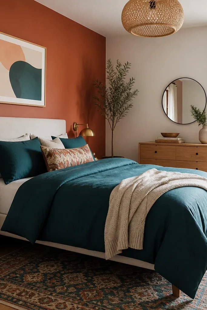 Terracotta accent wall behind bed, teal duvet, white nightstand, patterned rug, warm lamp