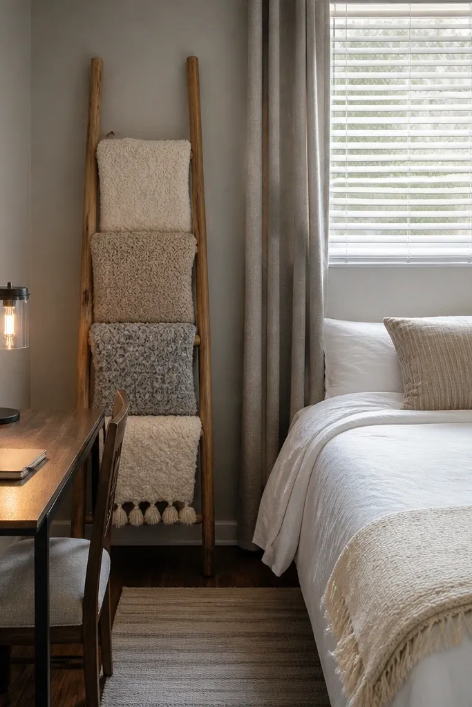 Small bed with warm blanket stack, narrow desk by window, ladder rack with folded throws, soft rug